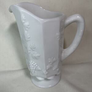 Vintage Westmoreland Paneled Grape Vine White Milk Glass 9" Footed Pitcher